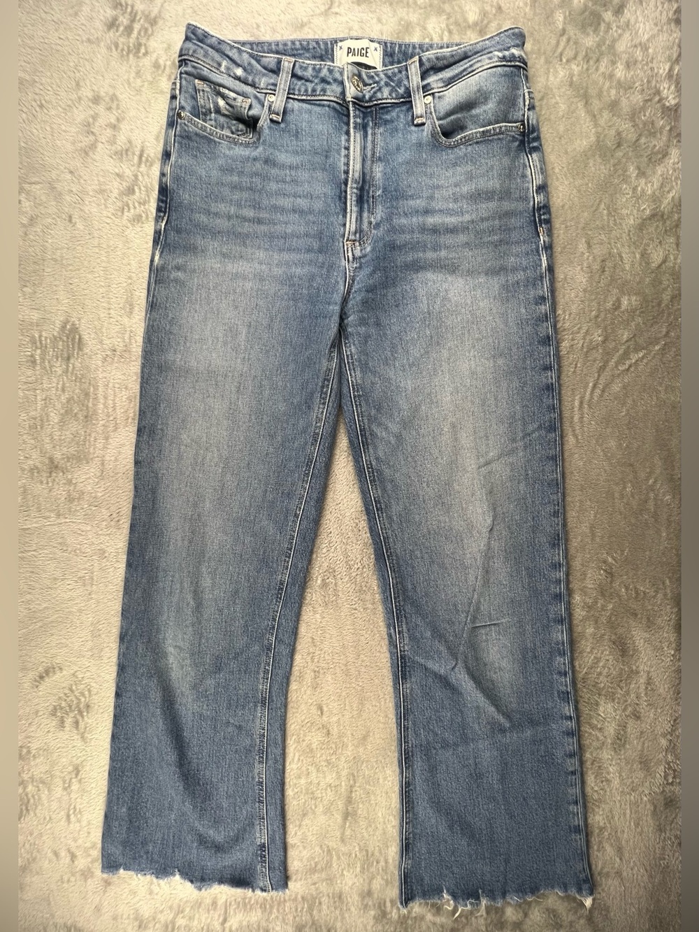 PAIGE Leenah Ankle Wide Leg Jeans 27 Medium Blue Distressed Raw Hem High Rise